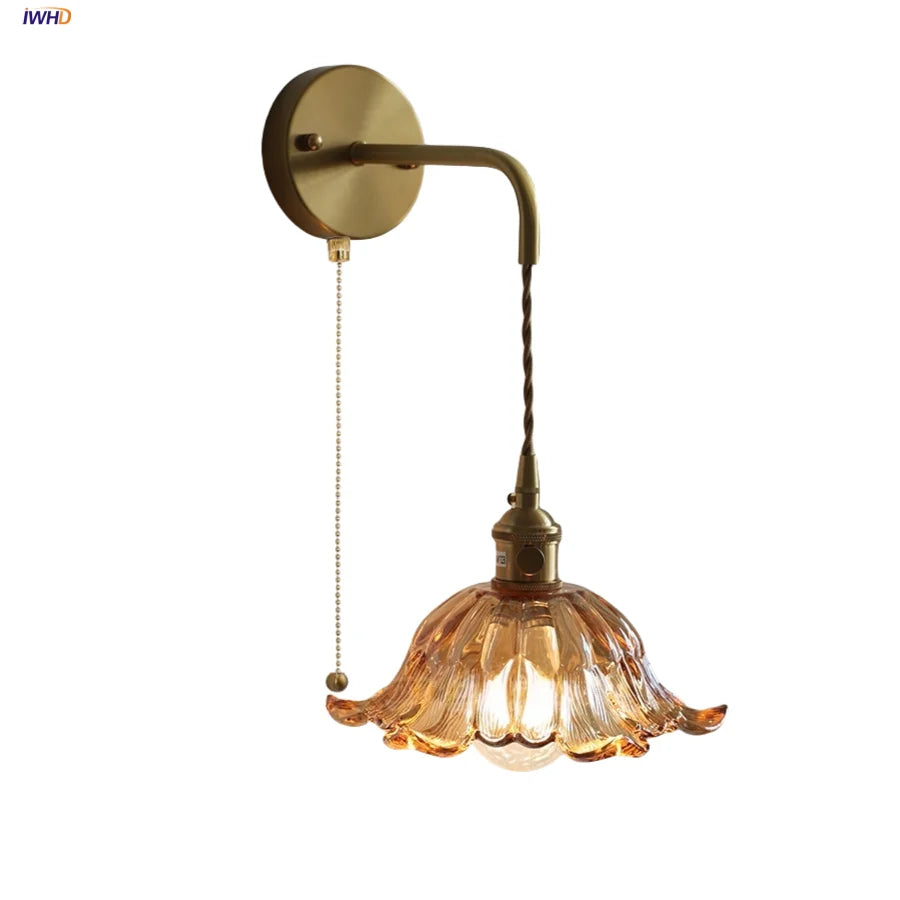 Afralia™ Amber Glass LED Wall Sconce, Brass Finish, Adjustable Wire, Modern Nordic Style