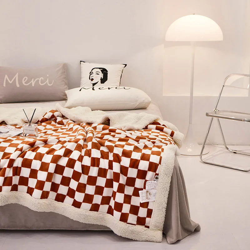 Afralia™ Double Layer Lamb Wool Checkered Blanket - Nordic Style Warm Bedspread