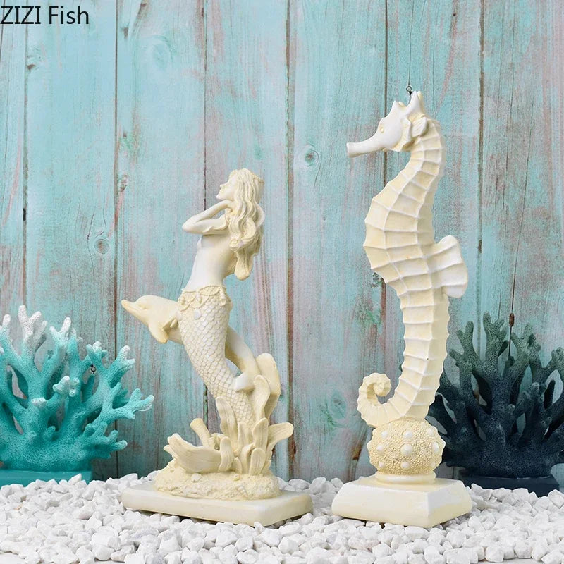 Afralia™ Mermaid Seahorse Resin Statue Desk Decoration for Ocean Theme Room Aesthetics