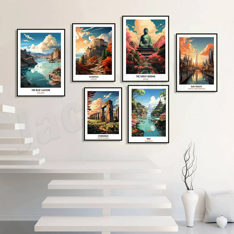 Afralia™ Travel Poster Collection: Blue Lagoon, Bali, Hagia Sophia, Louvre, Stonehenge, Vondelpark & More