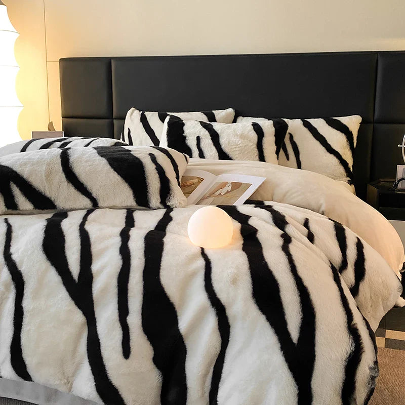 Afralia™ Winter Zebra Print Bedding Set: Thick Milk Velvet, Soft & Warm bed sheet, duvet cover, pillowcase