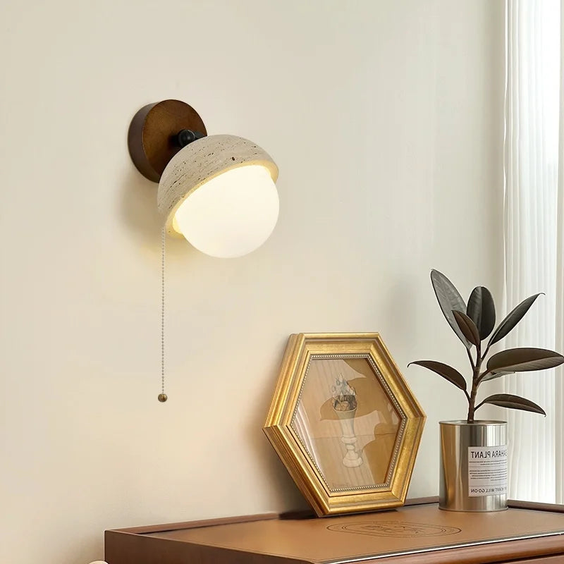 Afralia™ White Glass LED Wall Lamps Pull Chain Yellow Travertine Modern Bathroom Light