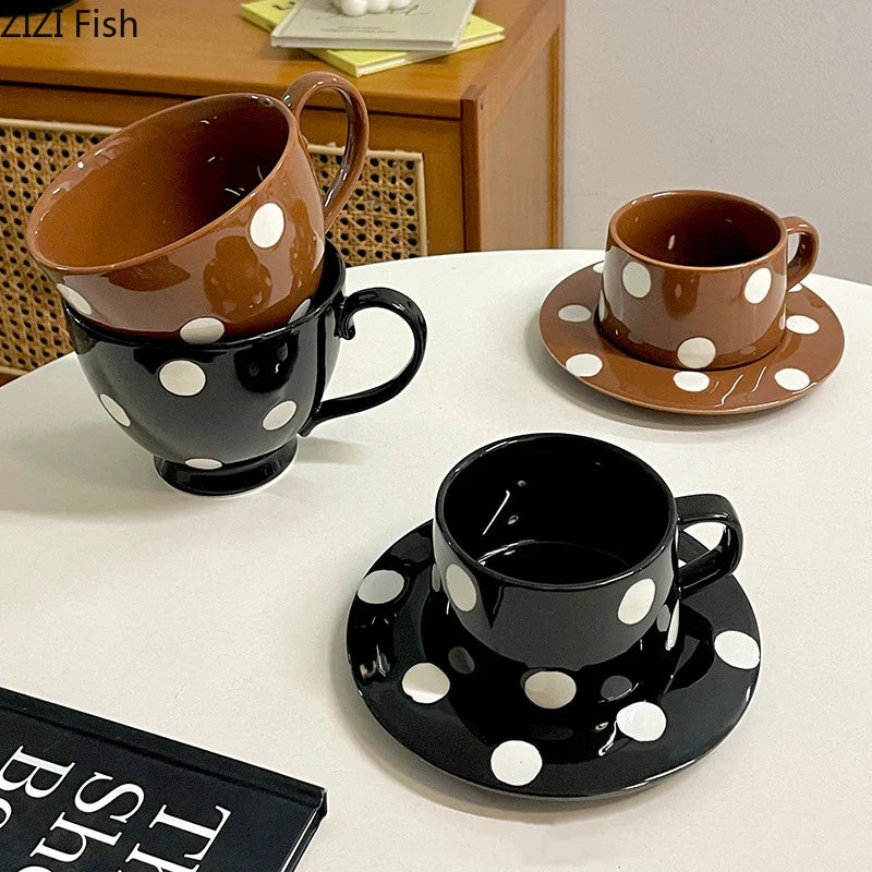 Afralia™ Polka Dots Ceramic Cup&Saucer Set - Modern Mugs for Coffee, Tea, Juice