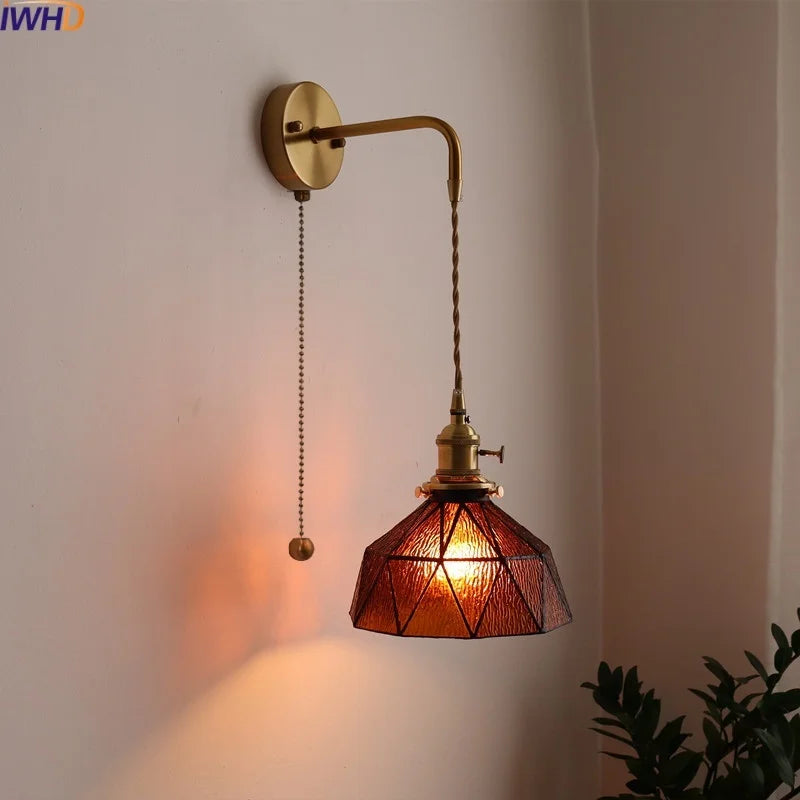 Afralia™ Copper Glass Pull Chain LED Wall Sconce for Indoor Living Room Stairway Lighting
