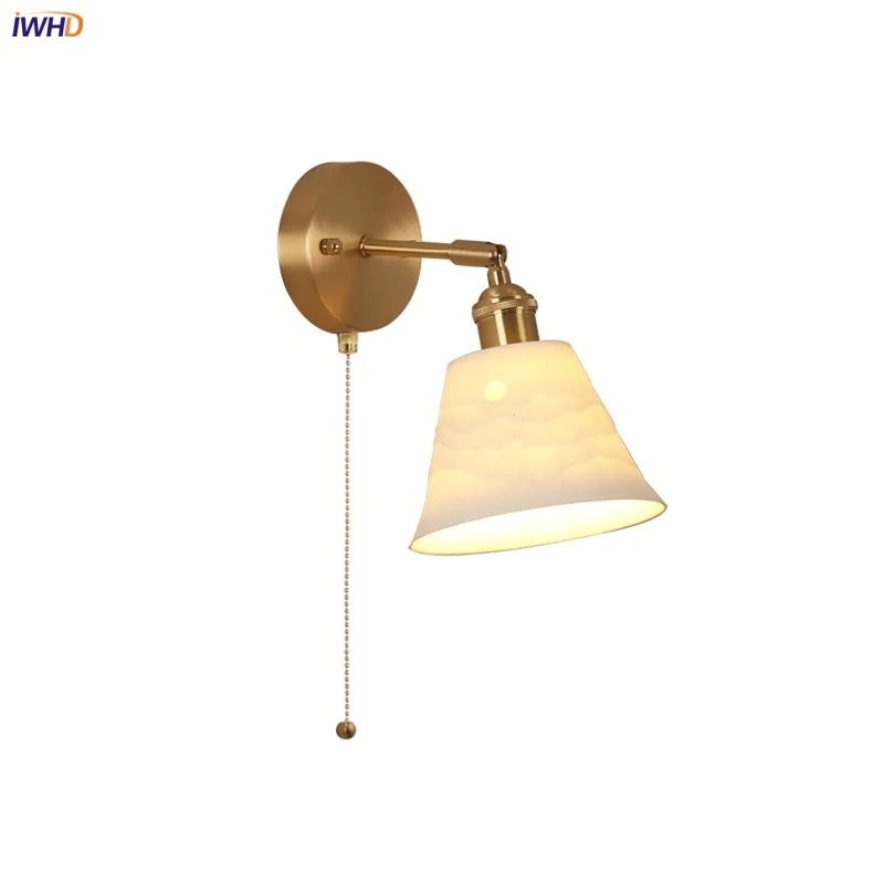 Afralia™ Copper LED Wall Light Pull Chain Switch Modern Ceramic Bedside Lamp