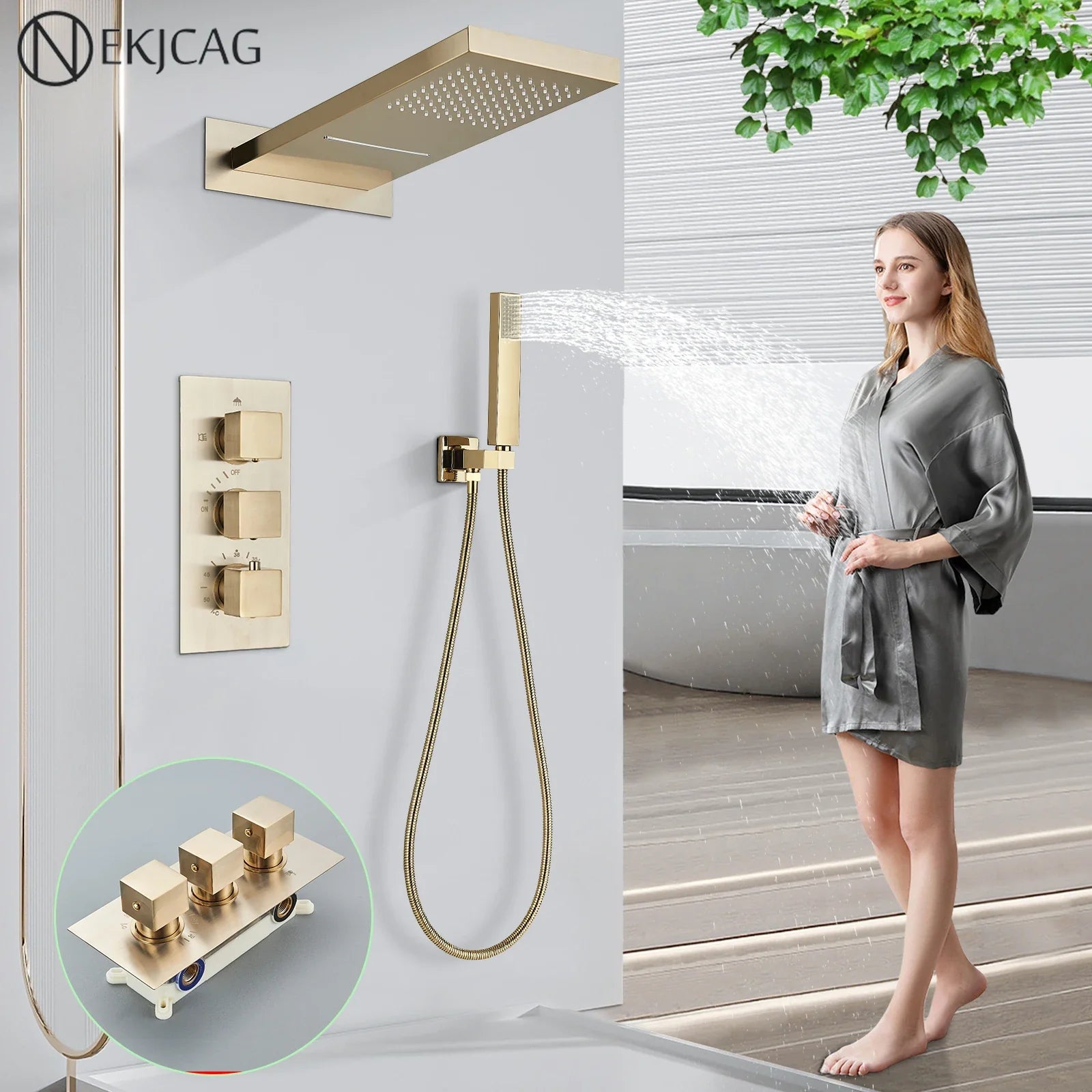 Afralia™ Gold Thermostatic Rain Waterfall Shower Faucet Set - Wall Mounted Shower System