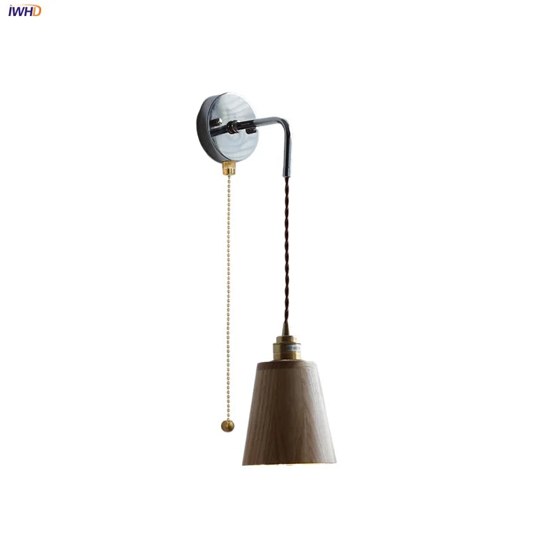 Afralia™ Ash Wood LED Wall Light with Pull Chain Switch – Japanese Style Bedside Lamp