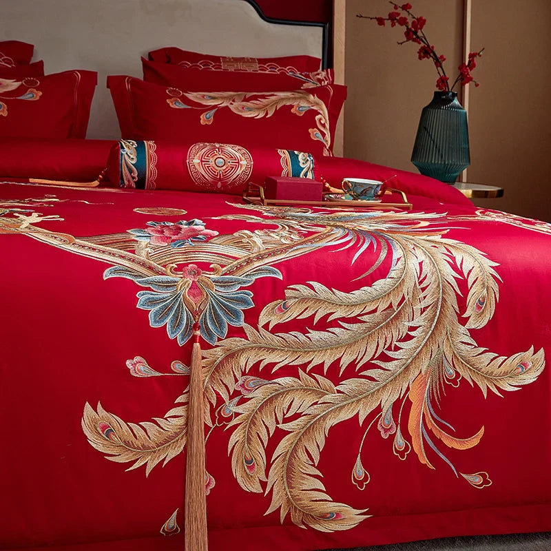 Afralia™ Red Chinese Wedding Luxury Bedding Set with Dragon Phoenix Embroidery