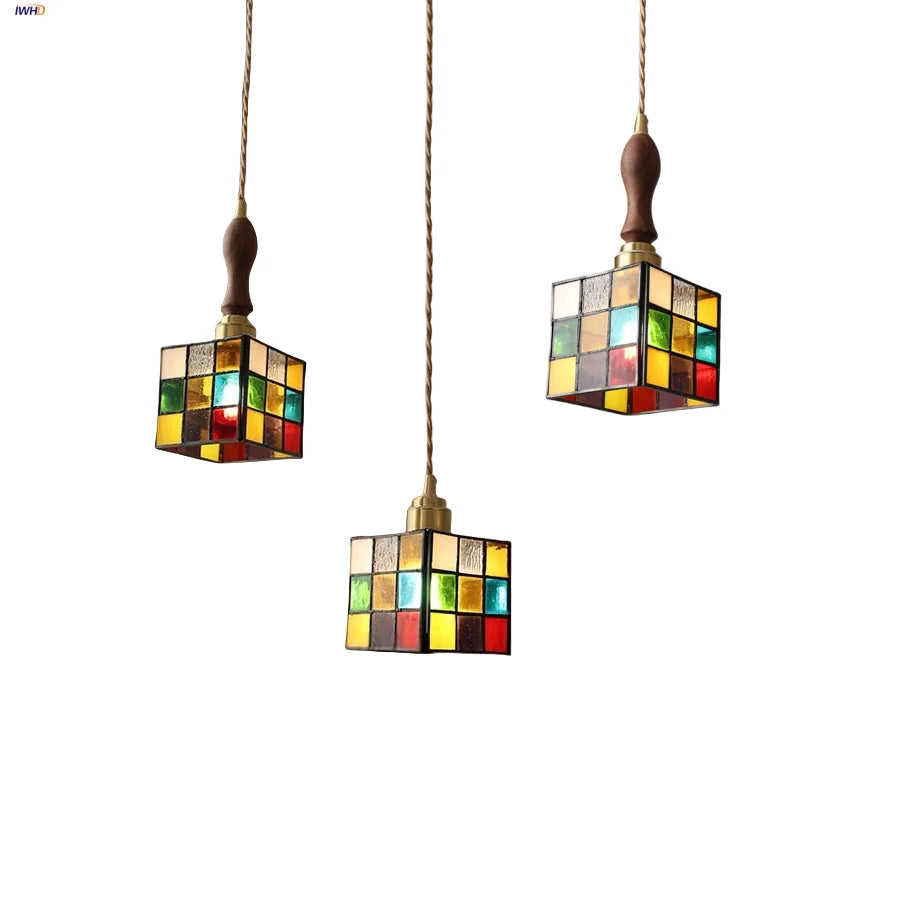 Afralia™ Rubik's Cube LED Pendant Lamp - Walnut Wood Colorful Glass Hanging Lights