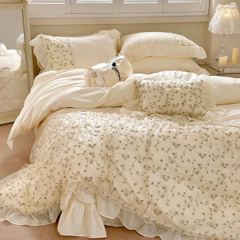 Afralia™ French Princess Floral Lace Ruffles Bedding Set with Imitation Pearls
