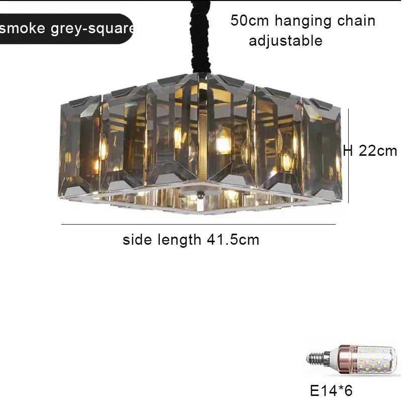 Afralia™ Smoke Grey LED Pendant Light for Living Room - Amber Crystal Lustre Chandelier