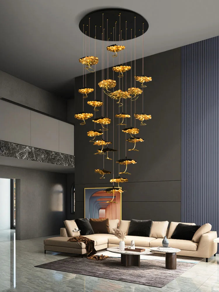 Afralia™ Lotus Staircase LED Chandelier - Multi-Head Copper Black Gold Hanging Lamp