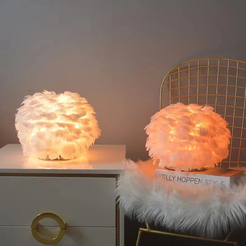 Afralia™ Feather Lampshade E27 Bedside Lamp for Romantic Home Decor