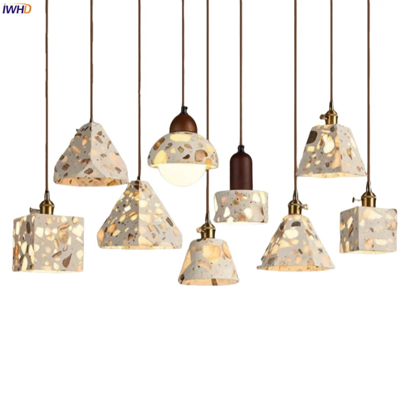 Afralia™ Terrazzo Half Circle LED Hanging Pendant Light Vintage Japanese Style
