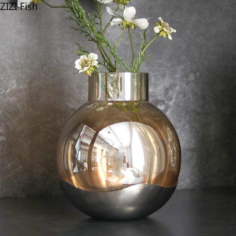 Afralia™ Amber Glass Vase Desk Decoration Round Floral Room Decor