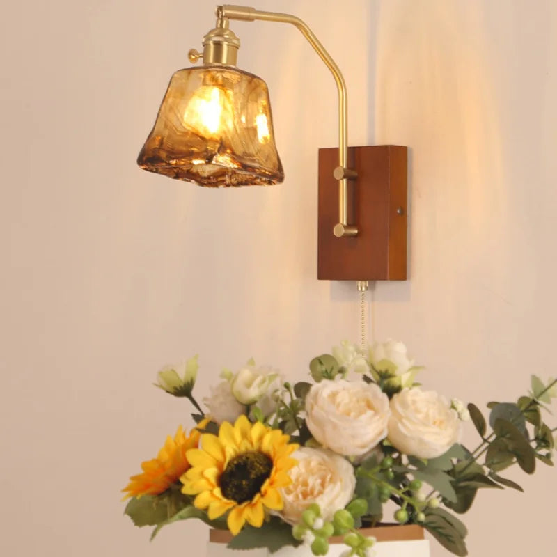Afralia™ LED Glass & Wood Wall Lamp with Pull Chain Switch for Living Room, Bedroom, Bathroom