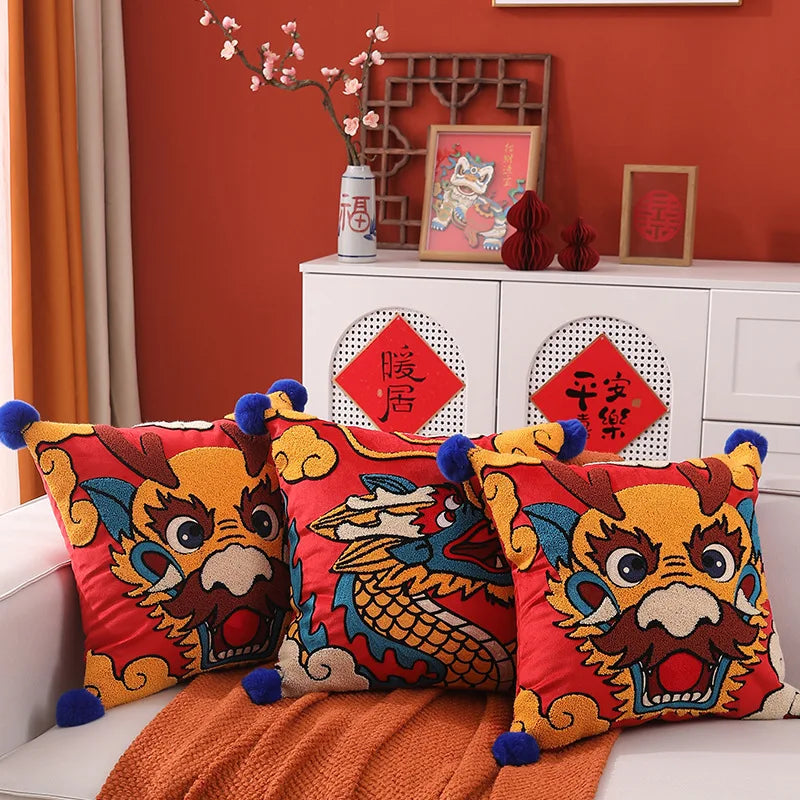 Afralia™ Dragon Year Cushion Cover 45x45cm Decorative Throw Pillow with Hair Ball Embroidery