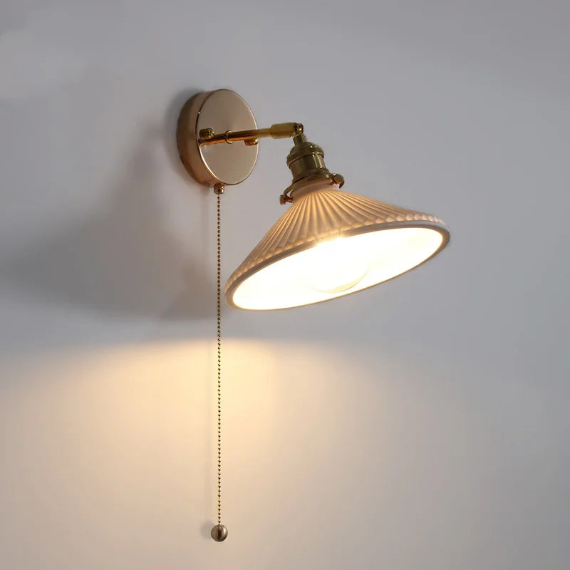 Afralia™ Copper Canopy LED Wall Sconce, White Ceramic Bedside Light for Bedroom, Modern Nordic Design