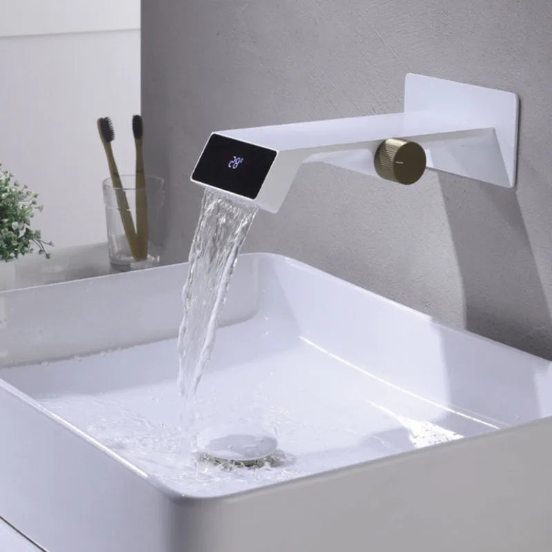 Afralia™ LED Basin Faucet Wall Mounted Hot Cold Mixer Bathroom Brass Vanity
