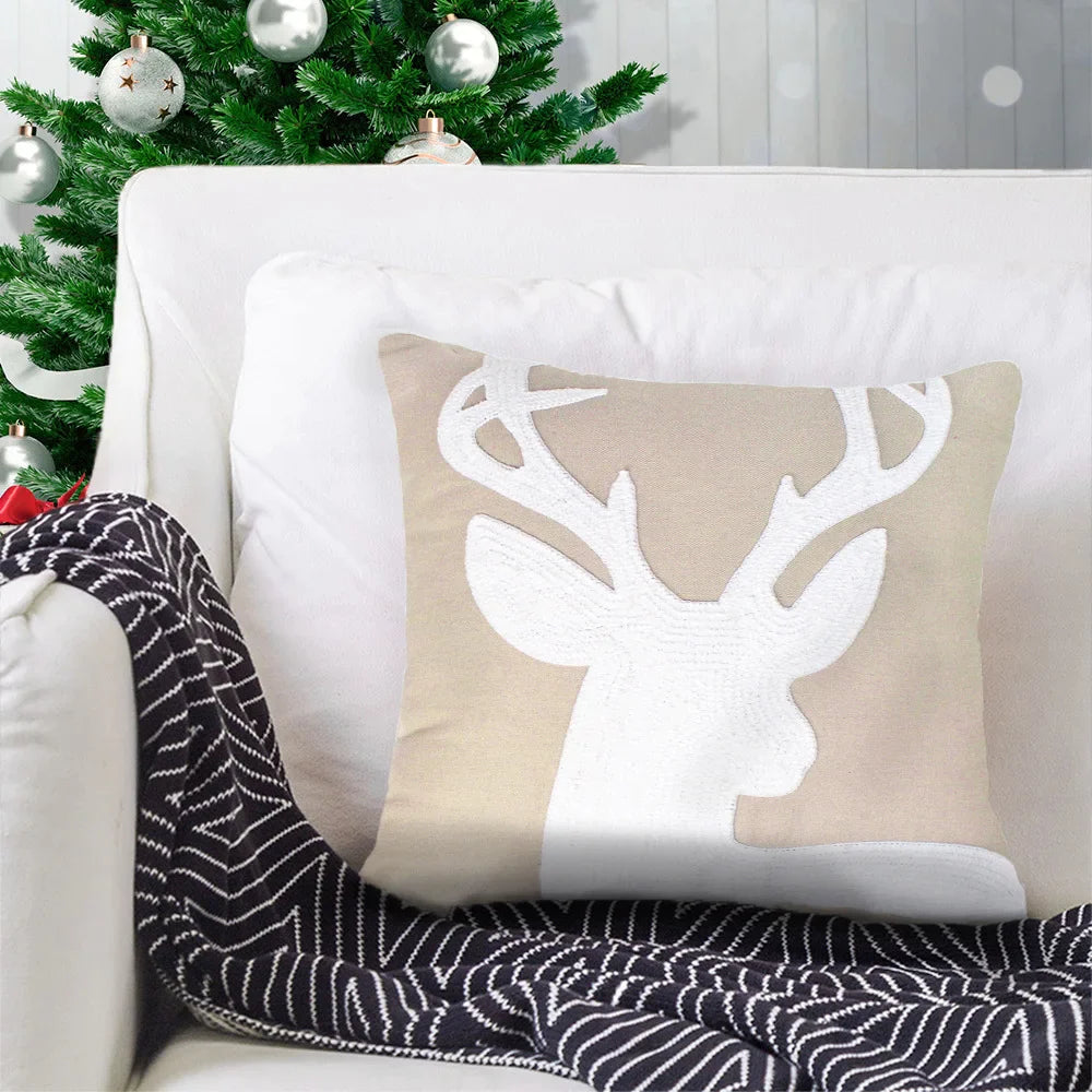 Beige Deer Snowflake Pillowcase 45x45cm - Afralia™ Embroidered Cotton Cushion Cover