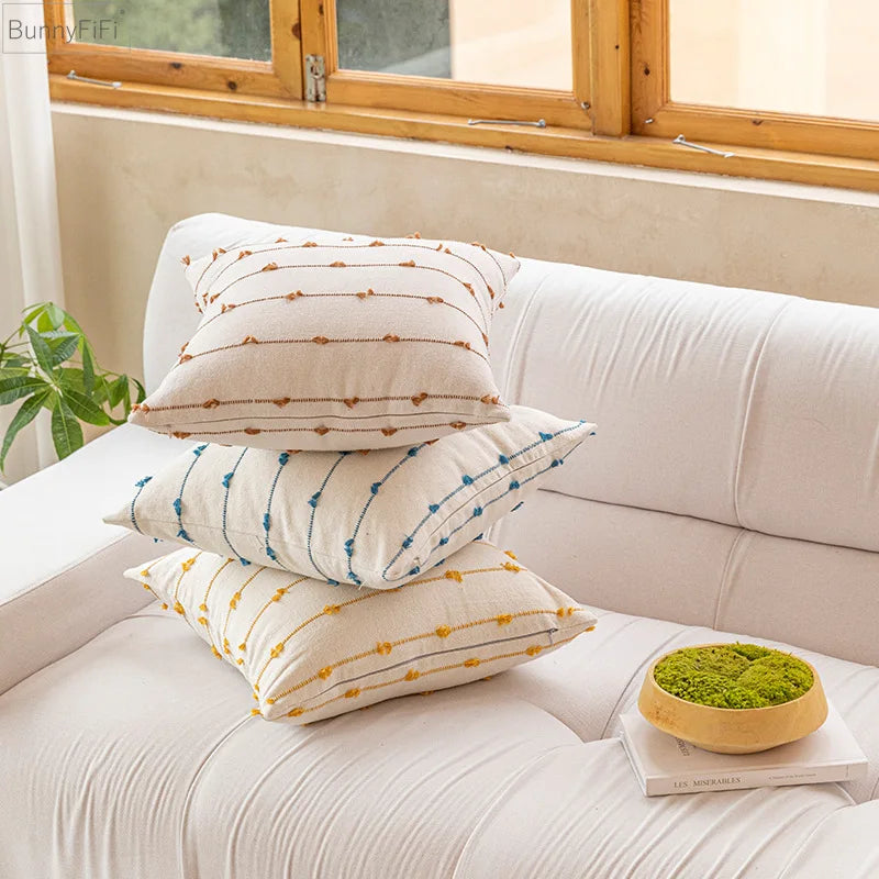 Afralia™ Stripe Jacquard Cotton Cushion Cover in Blue Yellow Grey Black Pink Beige