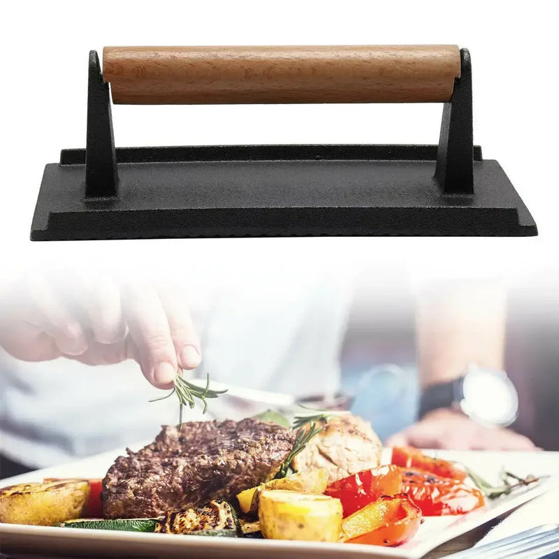Afralia™ Heavy Cast Flat Iron Steak Weight with Wooden Handle