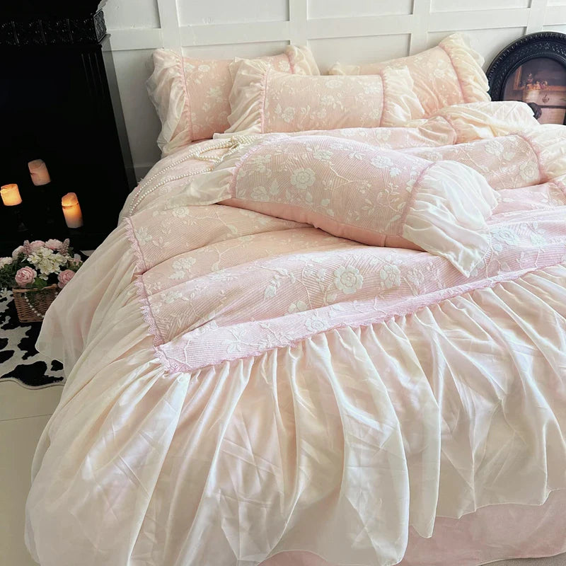 Afralia™ Lace Ruffles Velvet Princess Bedding Set: Duvet, Sheet, Pillowcases