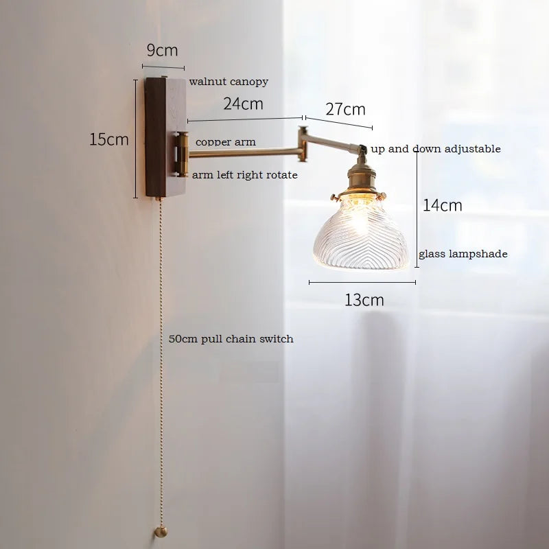 Afralia™ Clear Glass Copper LED Wall Light with Pull Chain Switch & Walnut Wood Canopy