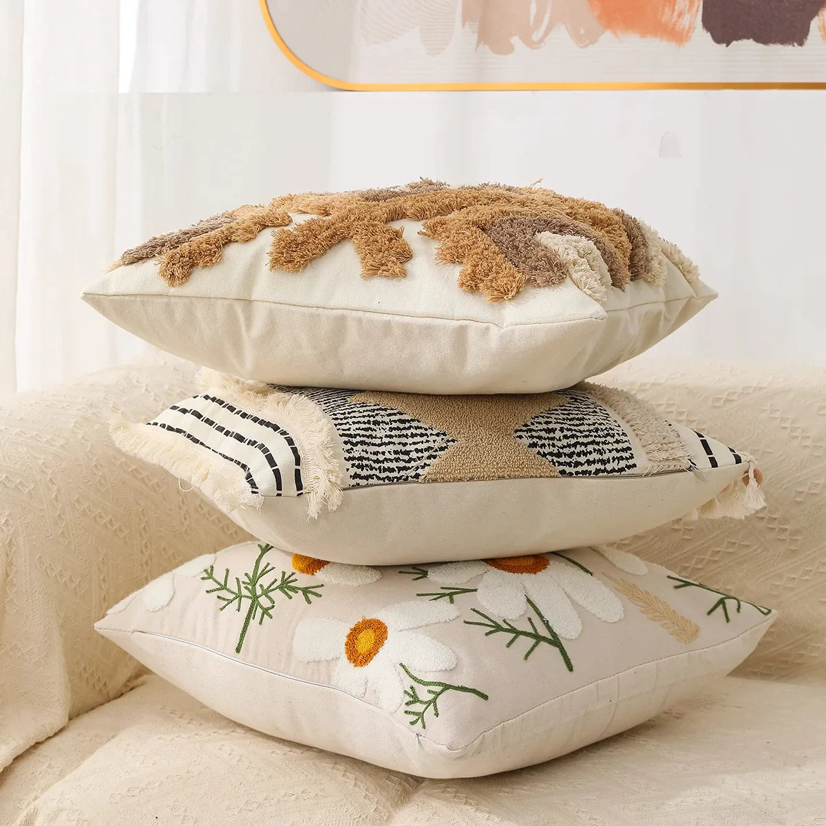 Fringed Embroidered Geometric Tufted Cushion Cover by Afralia™