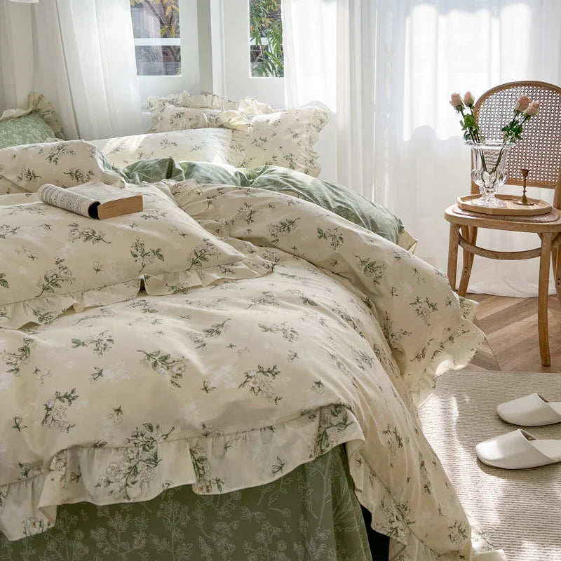 Afralia™ Floral Lace Ruffle Bedding Set, Fresh Flower Single Duvet Cover, 100% Cotton