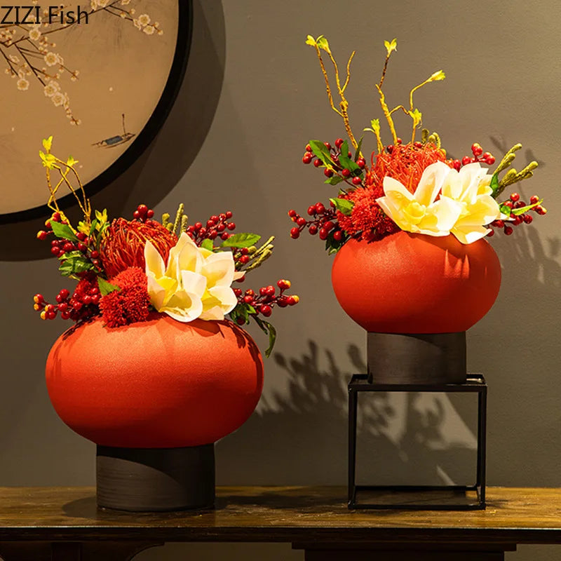 Afralia™ Red Lantern Ceramic Vase - Modern Floral Room Decor