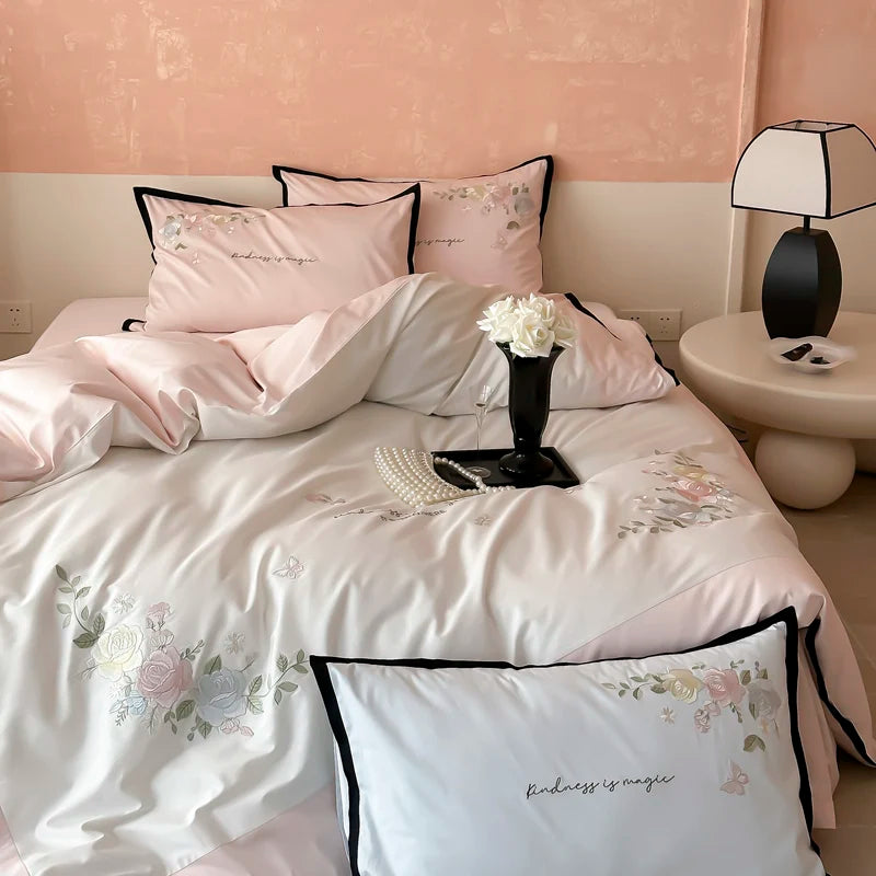 Afralia™ Pink Blue Flowers 4Pcs Princess Bedding Set Embroidered Duvet Cover Sheets