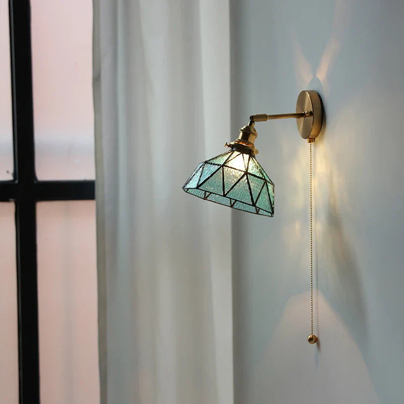 Afralia™ Tiffany Blue Glass LED Wall Sconce Rotate Copper Pull Chain Switch Light