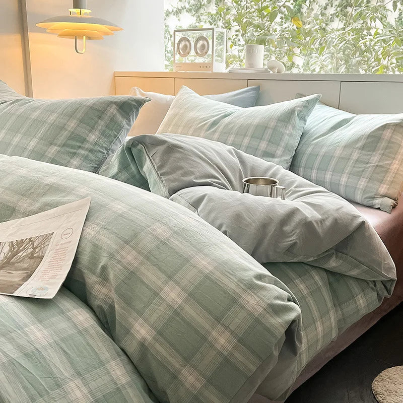 Afralia™ Plaid Cotton Bedding Set: Soft & Cozy Queen Single Fitted Sheet, Quilt Cover, Pillowcase