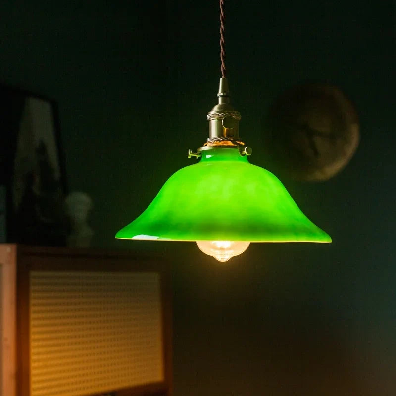 Afralia™ Vintage Green Brass Glass LED Pendant Light for Home and Cafe Décor