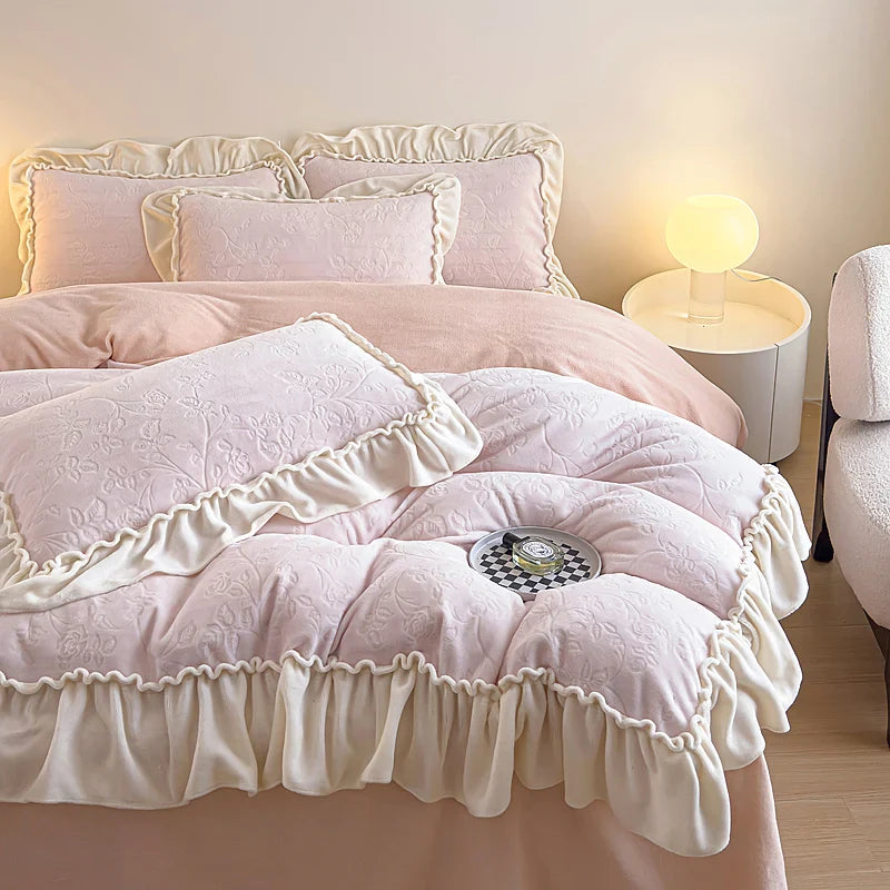 Afralia™ Princess Velvet Fleece Ruffles Winter Bedding Set - Plush Coral Velvet Duvet Cover & Sheet