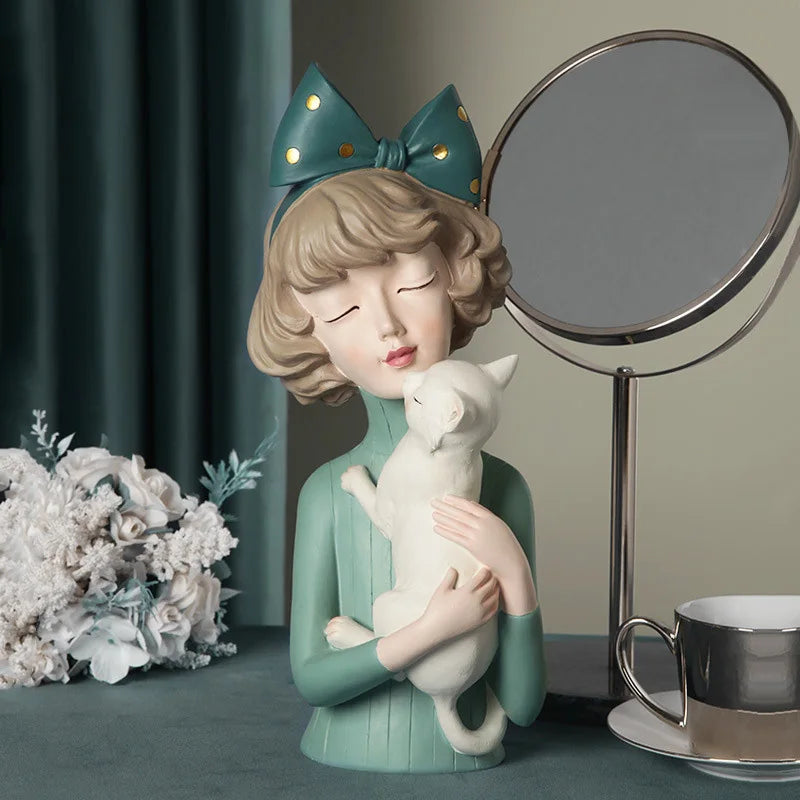 Bow Hairpin Girl Figure Statue Holding Kitten & Dog Sculptures by Afralia™
