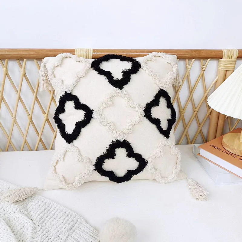 Afralia™ Tufted Fringe Cushion Cover - Boho Beige & Black Decorative Pillow Case
