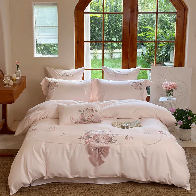 Afralia™ Flowers Embroidery Bow Wedding Bedding Set - Single Queen King Size Cotton Duvet Cover Bed Sheet Pillowcases