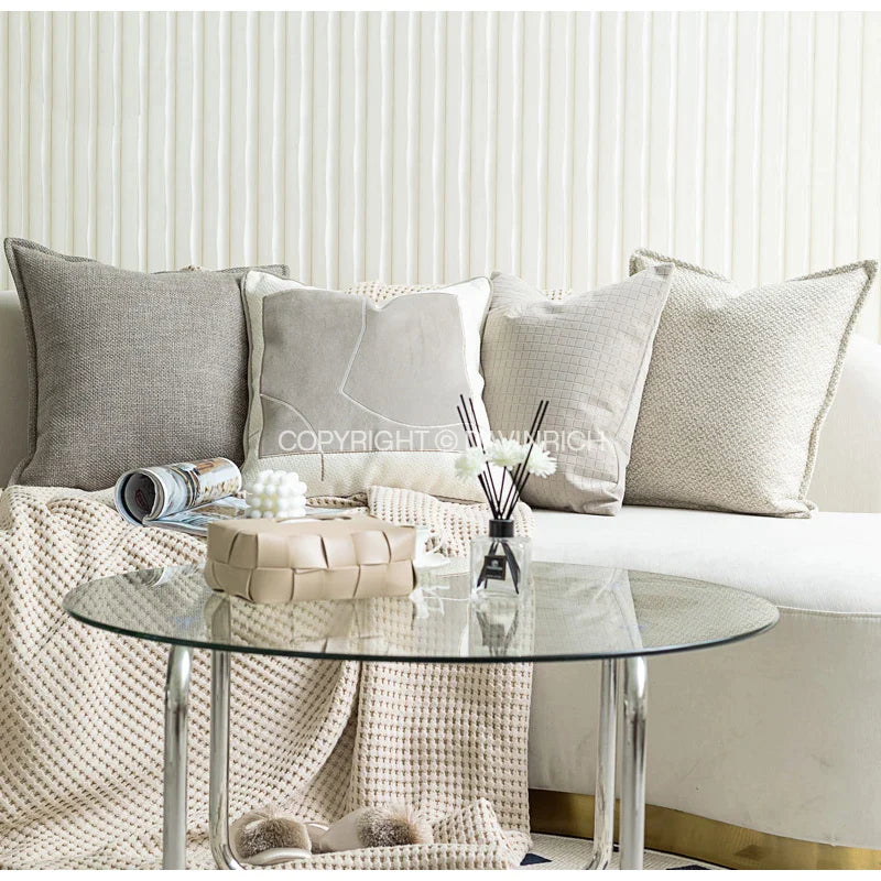 Afralia™ Cappuccino Tone Geometry Embroidery Luxury Pillowcase 45x45cm Cream Khaki Gray