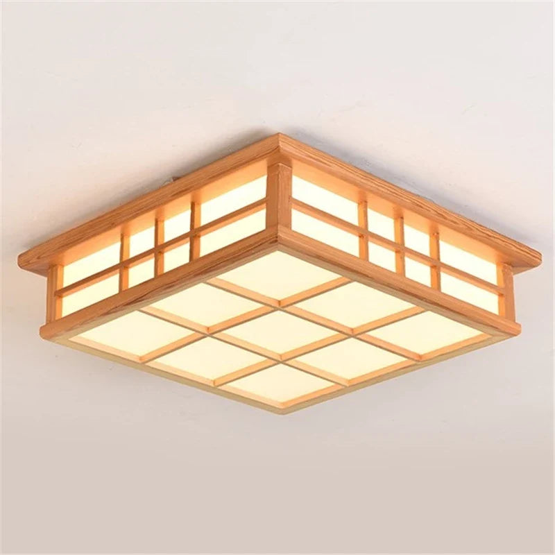 Afralia™ Japanese Wooden Square LED Ceiling Lights for Modern Living Room and Kitchen