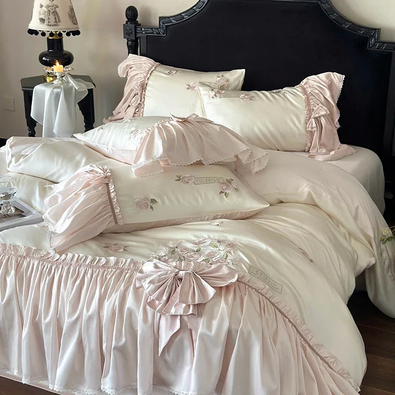 Afralia™ French Bow Ruffle Flower Embroidery Bedding Set - Luxury Lyocell Cotton