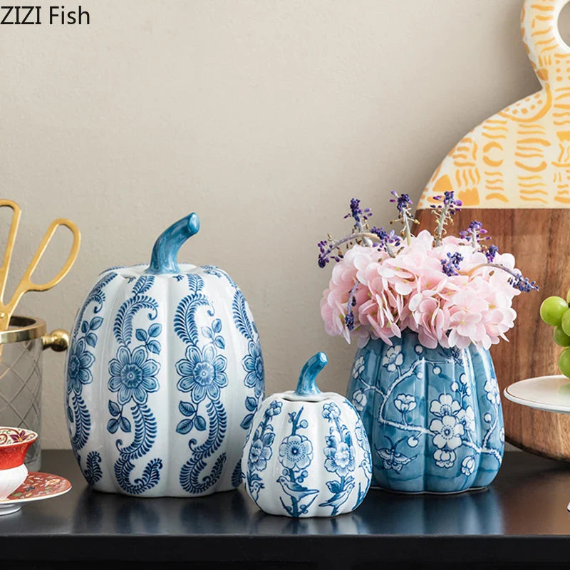 Afralia™ Blue White Porcelain Pumpkin Vase Desk Decoration Artificial Flowers Bouquet