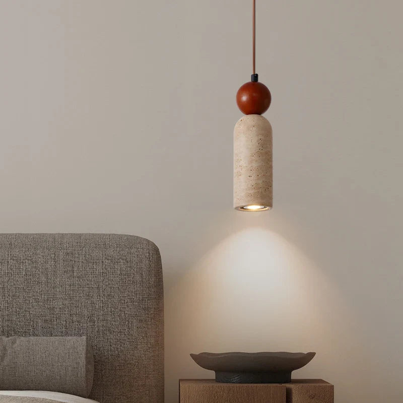 Afralia™ Stone LED Hanging Lamp Bedroom Living Room Lighting Yellow Travertine Wood Pendant