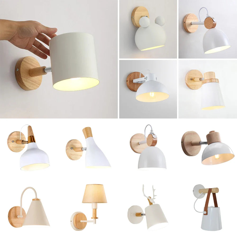 Modern Nordic Wooden Wall Lights Bedside Sconce by Afralia™ - White Lampshade, E27