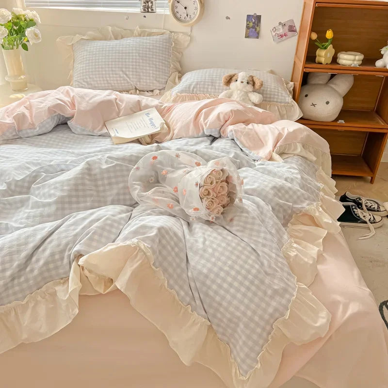 Afralia™ Korean Grid Lace Washed Cotton Bedding Set, Cozy Comforter Cover Single Double Queen