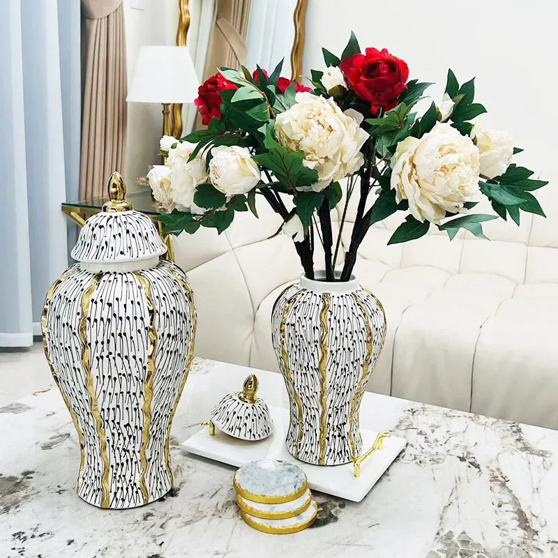 Afralia™ Checkmate Gold Border Spot Vase: Porcelain Handicraft Flower Storage Tank