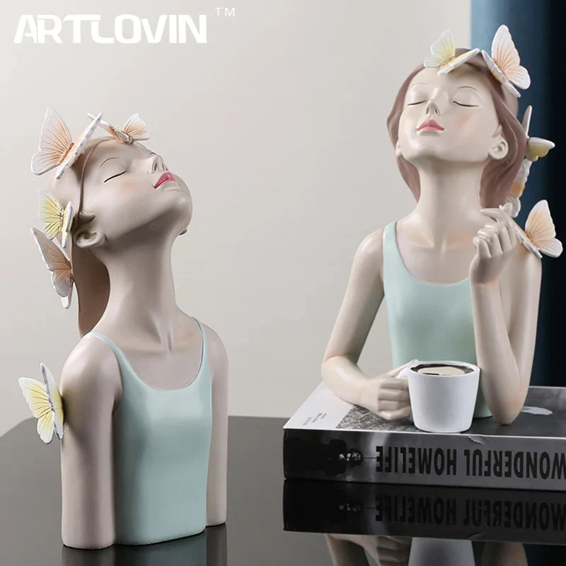 Afralia™ Butterfly Fairy Resin Figurines with Gold Tray Home Decor Craft