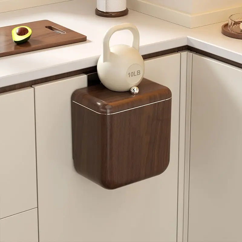 Afralia™ Antique Style Wood Grain Hanging Kitchen Trash Can with Lid