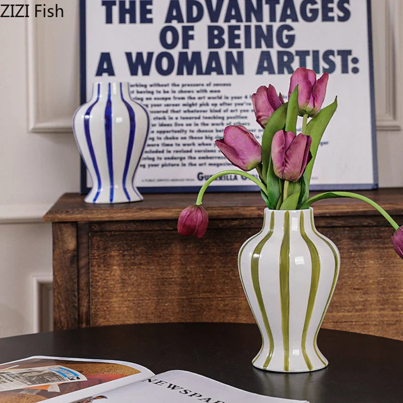 Afralia™ Striped Ceramic Vase: Colorful Desk Decoration for Aesthetic Room Decor